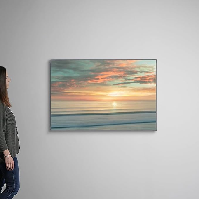 CANVAS ON DEMAND Beach Sunrise Silver Float Framed Canvas Wall Art Print by Alex Hanson, Contemporary, Home Decor, Ocean Artwork,48" x32in