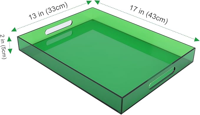 Large Acrylic Tray Ottoman Coffee Table Tray with Handles 17x13'' Decorative Serving Platter for Food Tea Dinner Snack Eating Bar Party, Emerald Green