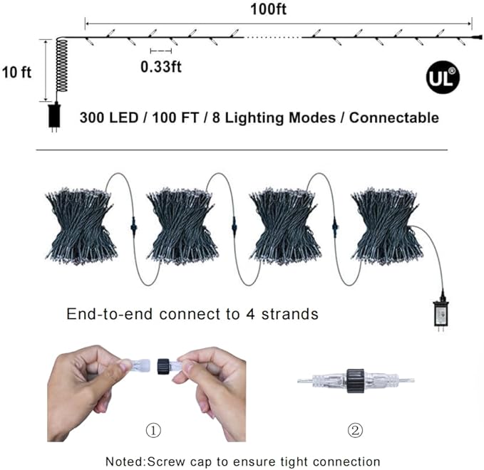 300LED Christmas Lights Indoor Outdoor Use Green Wire, 8 Lighting Modes 100FT Christmas Tree Lights with Timer & Memory, IP44 Waterproof for Tree Xmas Patio Yard Fence Balcony Garden Decor Blue