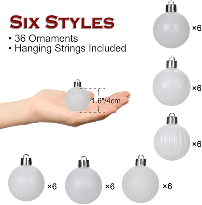 Hollyone 1.57" Pearl-White Christmas Ornaments - 36 Pcs Mini Shatterproof Plastic Christmas Tree Decorations with Hanging Loop