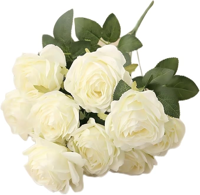 Jasion Artificial Roses 10 Heads 2.8" Flowers Arrangement Silk Bouquet for Home Office Parties Bridal Wedding Decoration (White)
