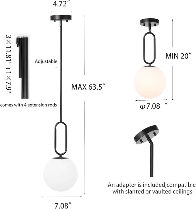 Modern Black Globe Pendant Light Milky White Globe Glass Shade 2 Pack Adjustable Rods Hanging Ceiling Light Fixtures for Kitchen Island Living Room