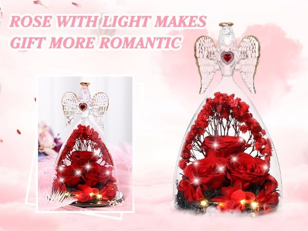 Mothers Day Rose Gifts for Women, Large Angel Figurines with Real Roses, Preserved Real Flower Rose for Her, Crystal Red