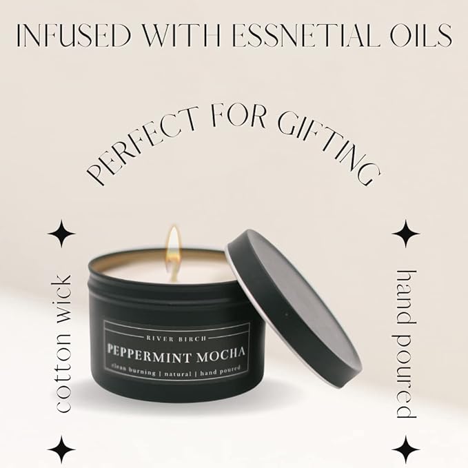 River Birch Candles Peppermint Mocha Scented Candle | Premium, All-Natural, Non-Toxic, Soy Candles | 8 oz. Black Matte Tin Travel Candle | Cozy Relaxing Gifts for Home