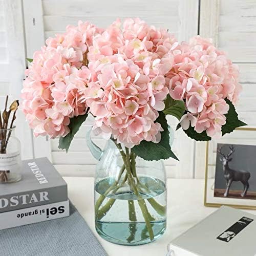 Kimura's Cabin 6pcs Pink Fake Hydrangea Flowers Artificial Silk Hydrangea Bouquets Faux Hydrangea with Stems for Wedding Home Party Table Core Decoration (Pink, Pack of 6)