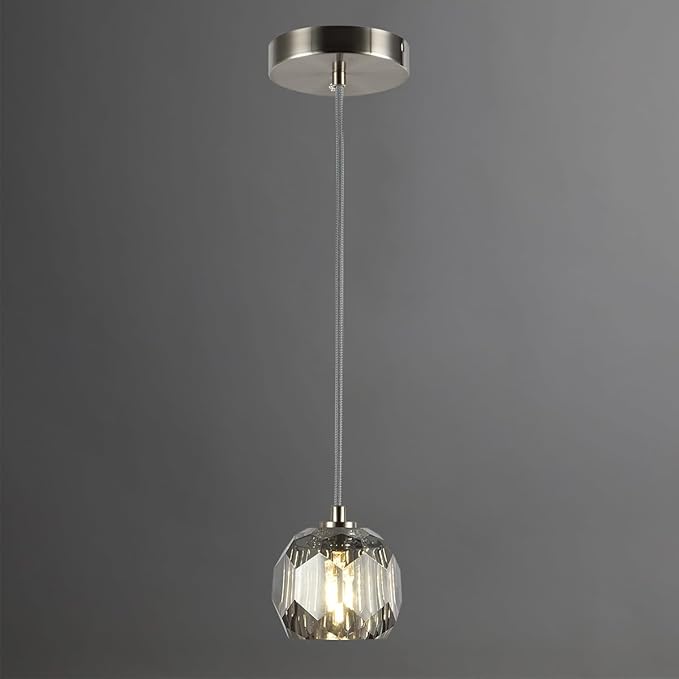 Brushed Nickel Pendant Light, Smoke Crystal Pendant Light Fixture for Kitchen Island, Modern Small Cut Crystal Single Hanging Light for Dining Room Bathroom