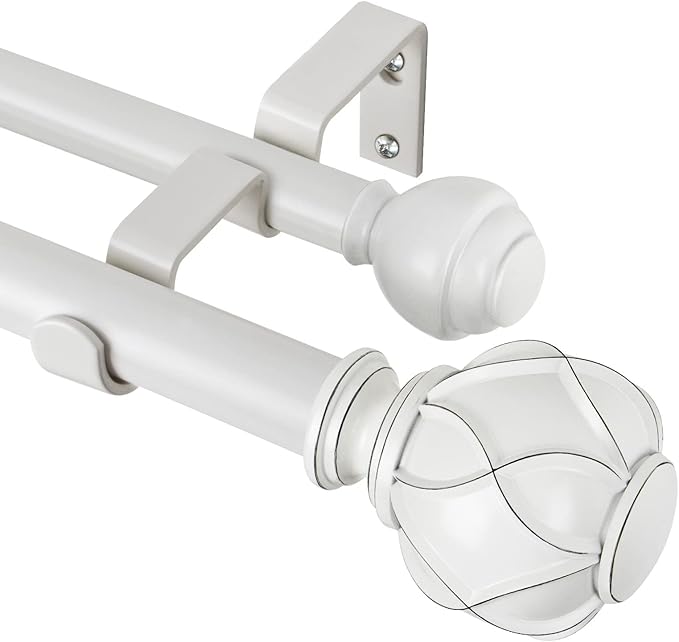 KAMANINA 1 Inch Double Curtain Rods for Windows 66 to 120 Inches ((5.5-10 Feet), Ivory White Heavy Duty Double Curtain Rod, Telescoping Drapery Rod with Netted Texture Finials