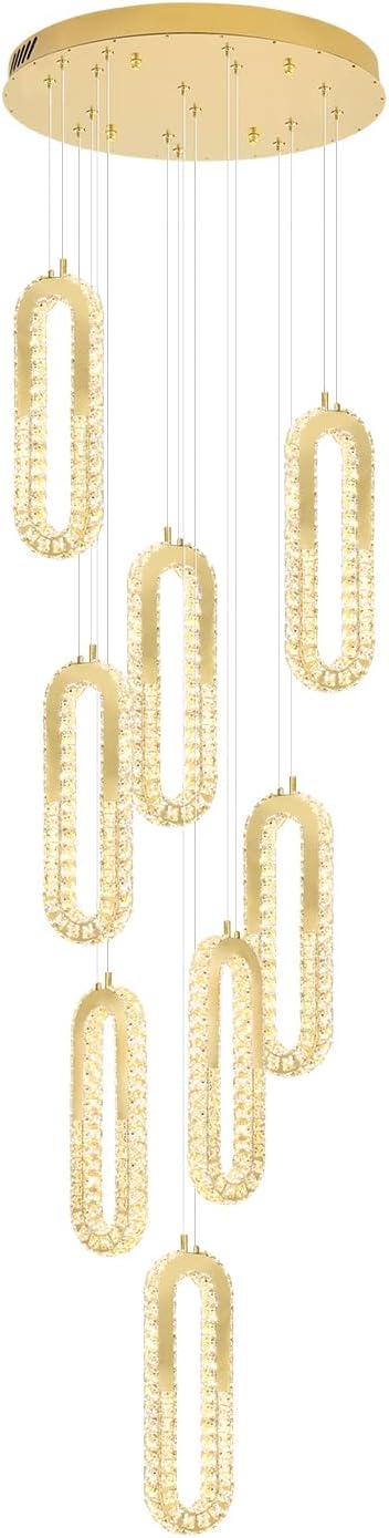 8 Rings Crystal Chandelier,H118 Modern Gold Pendant Light Luxury Foyer Lighting Fixture High Ceiling Chandelier for Entryway,Staircase,Living Room,Villa LED Dimmable 2700K-6000K