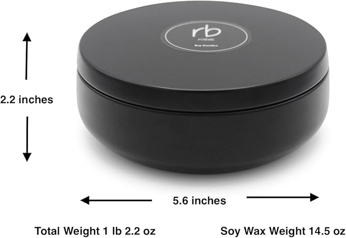 Rosbas Candle, Sandalwood Scented, Natural Soy Wax, Black Metallic Tin, 14.5 oz, 4 Cotton Wicks, Long Burn Time, Drawstring Cotton Bag, Non-Toxic, Handmade in The USA