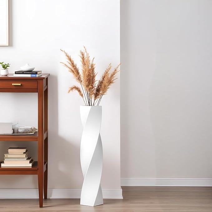 Tall Floor Vase - 23.6 Inch Modern Square Twist Vases for Home Decor, Large Decorative White Vase for Dried Flowers, Pampas Grass, Centerpiece - Matte Finish