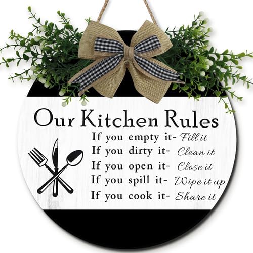 Wooden Our Kitchen Rules Sign 11inch, Rustic Wood Kitchen Hanging Decoration, Cute Eat Decoration for Kitchen Home Dining Room Cafe Restaurant