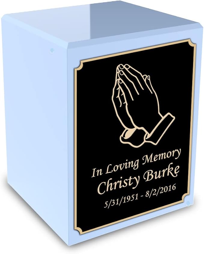 GetUrns Custom Praying Hands Small Urn Box for Human Ashes I Personalized Wooden Keepsake Cremation Urn for Male or Female I Light Blue Memorial Box I 40lbs