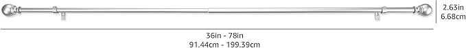 Amazon Basics Adjustable Curtain Rods for Windows, Round Finials, 1-Inch Rod, 36" to 72", Nickel, Pack of 1