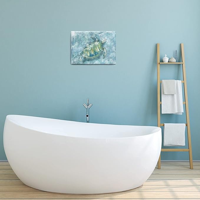 YJYart Bathroom Wall Decor Sea Turtle HD Pictures Print on Canvas Wall Art for Bedroom Kitchen Blue Coastal Room Decorations Art Work Green Turtle on Blue 12x16 inches