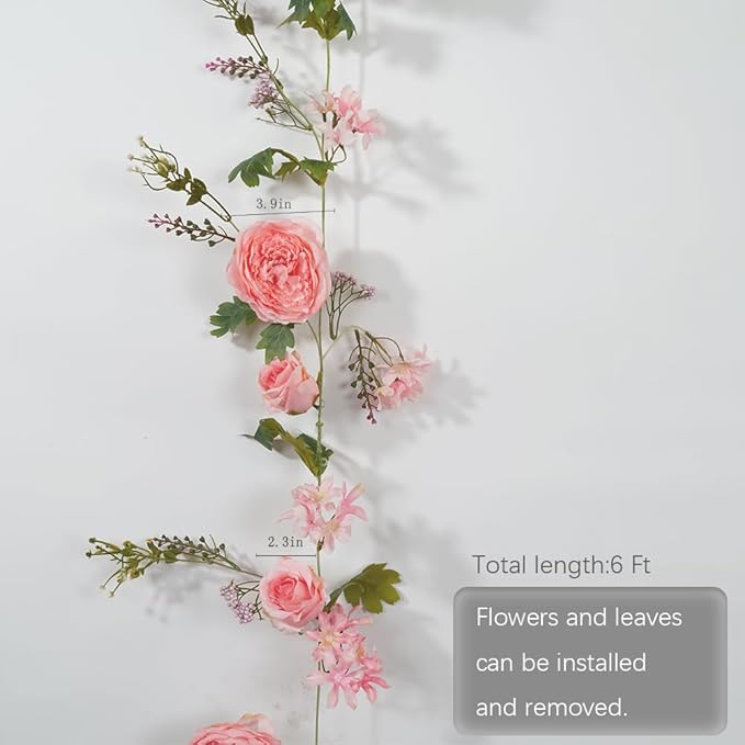 Peony Flower Garland, 6Ft Artificial Silk Pink Rose Flower Vine, Floral Arch Vine for Wedding Table Runner Mantle Decoration Home Decor (Peony-Pink)