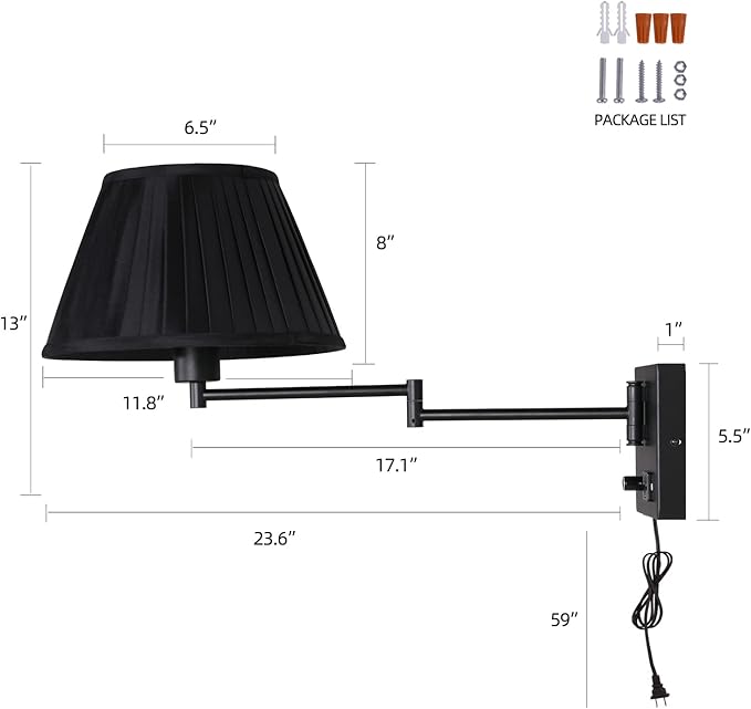 Plug in Wall Sconce 17" Swing Arm Wall Lamp with Plug in Cord and Dimmable Switch Black Sconces Lighting with USB Port and AC Outlet Wall Mounted Lamp Suitable for Bedroom Living Room Hallway.