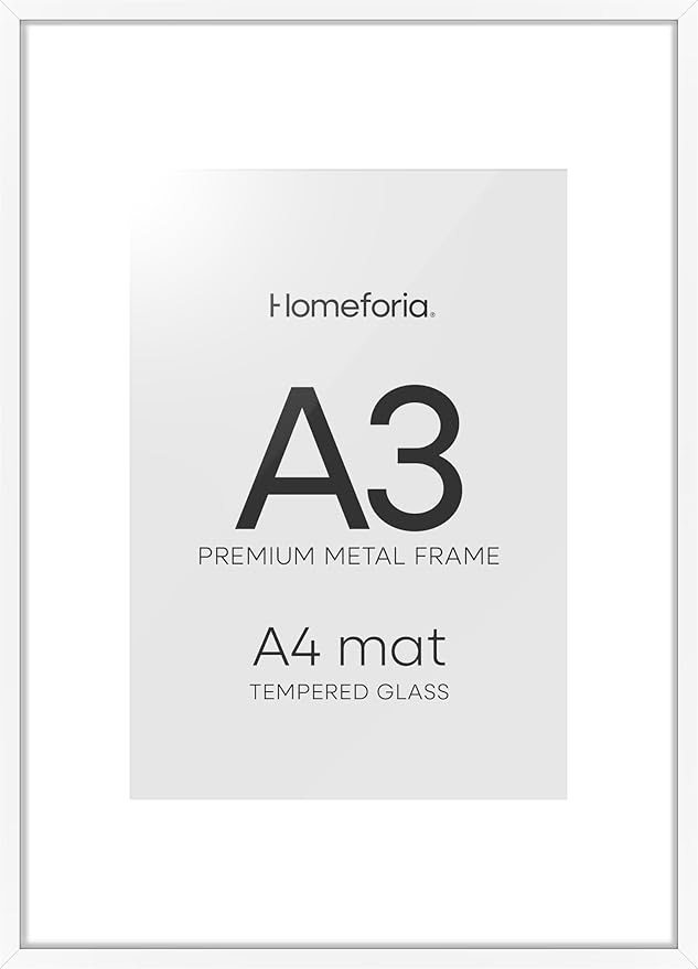 Homeforia A3 Picture Frame White, High End Metal 11.7 x 16.5 inch Poster Frames with Mat 8.3 x 11.7 for Photo, A3 Size Frames Matted to A4 Print, 11.7x16.5 Wall Hanging Frame, Tempered Glass, Set of 1