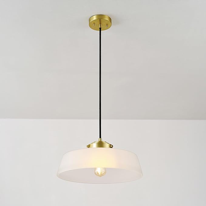 GLOBE Electric 67000098 1-Light Pendant Light Fixture, Brass Finish, Frosted Glass Shade, Black Braided Fabric Cord, Living Room Pendant Light, Kitchen Island Lighting, Hanging Lights for Bedroom
