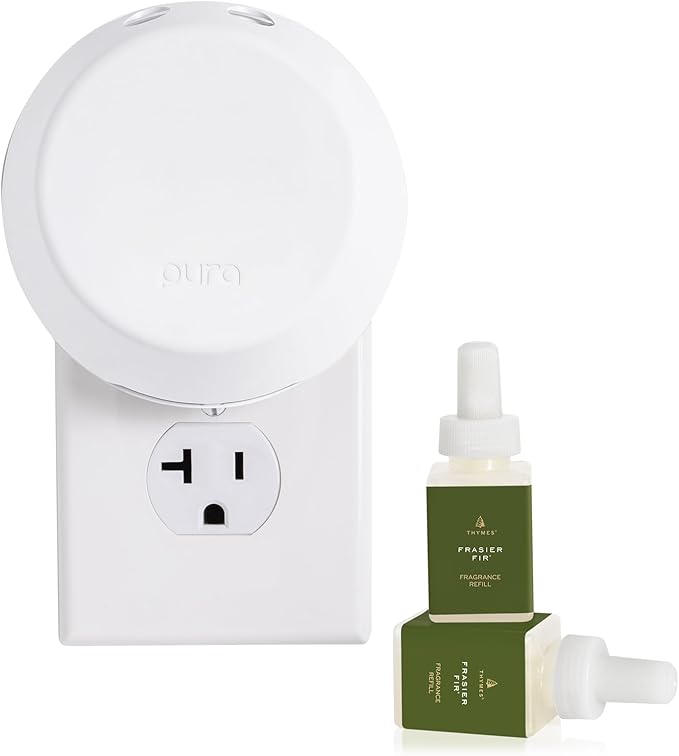 Thymes x Pura 4 - Smart Home Fragrance Diffuser Kit - Includes 1 Pura Diffuser + 2 Fragrance Refill Vials - Long Lasting Scents - LED Light - 2.4 GHz WiFi Required (Frasier Fir)