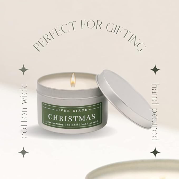 River Birch Candles Christmas Scented Candle | Premium, All-Natural, Non-Toxic, Soy Candles | 8 oz. Silver Tin Travel Candle | Cozy Relaxing Gifts for Home, White
