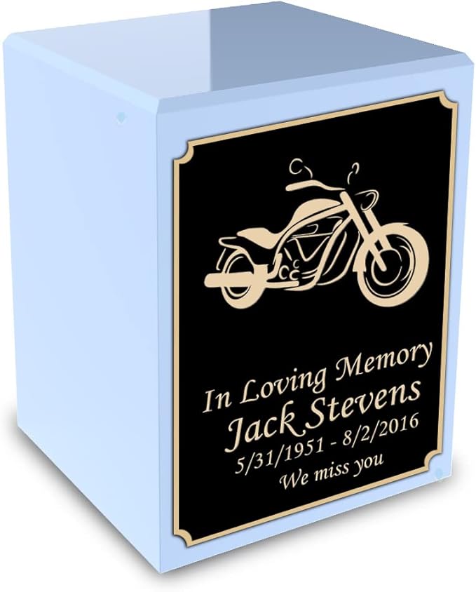 GetUrns Custom Motorcycle Small Urn Box for Human Ashes I Personalized Wooden Keepsake Cremation Urn for Male or Female I Light Blue Memorial Box I 40lbs