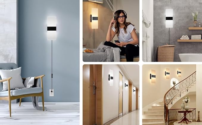 4 Pack Plug in Wall Sconces with Remote Control, Dimmable, Adjustable 3000K-6500K Colors, Black 12W Acrylic LED Plug in Wall Light, Wall Lamps for Bedroom Living Room Hallway Stair