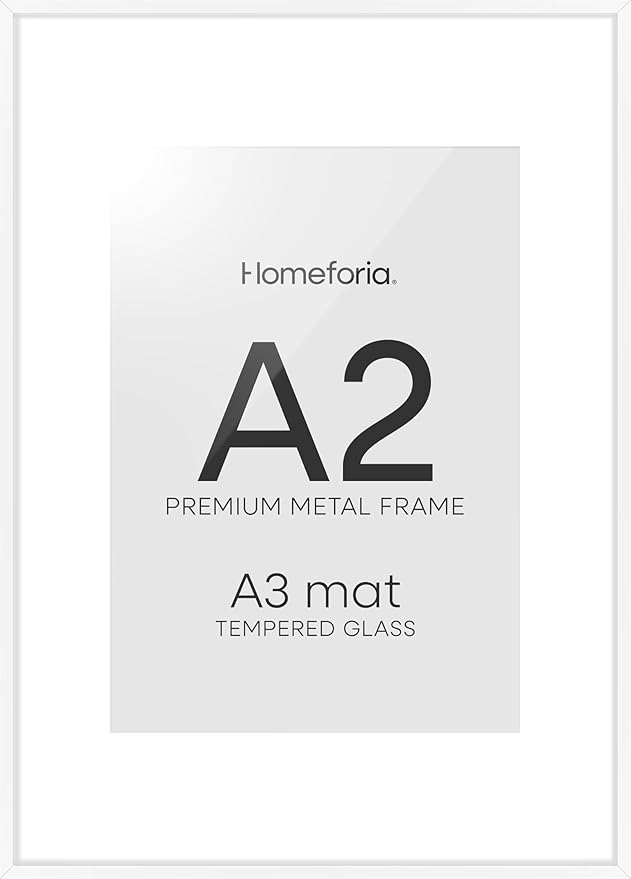 Homeforia A2 Picture Frame White, High End Metal 16.5 x 23.5 inch Poster Frames with Mat 11.7 x 16.5 for Photo, A2 Size Frames Matted to A3 Print, 16.5 by 23.4 Hanging Frames, Tempered Glass, Set of 1