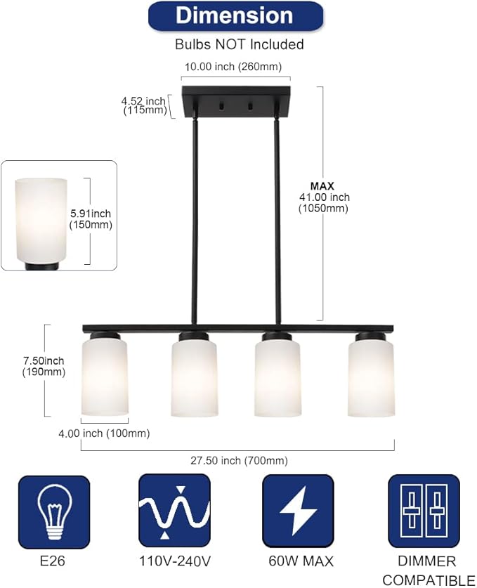 TODOLUZ Farmhouse Dining Room Pendant Light Fixtures in Black Finish, 4-Lights Island Lighting with Opal White Glass Shades for Kitchen