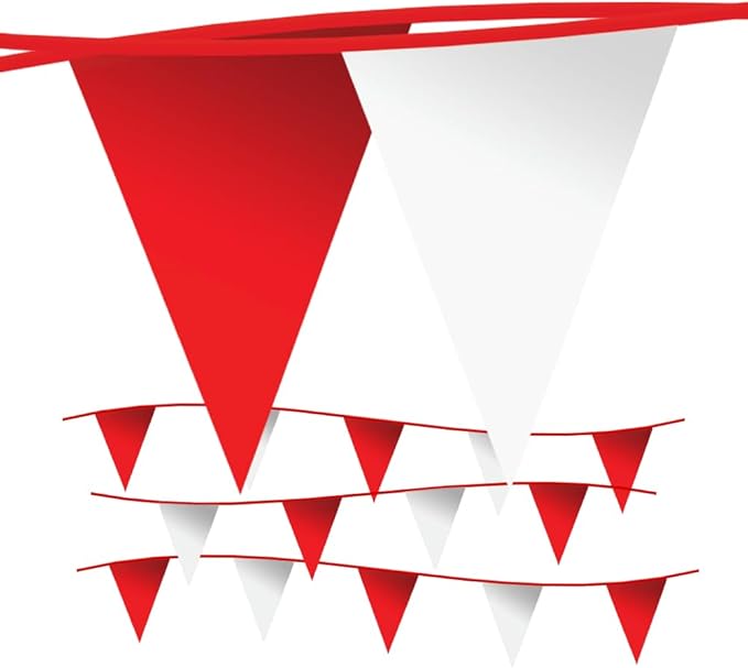 Pennant Flags - OSHA 500lb Rated Safety Rooftop Flagging Barrier Traffic - 105ft Strand Fade Resistant (Red/White, 12"x18"x105ft)