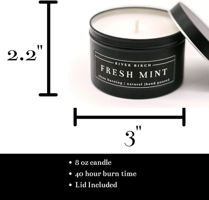 River Birch Candles Fresh Mint Scented Candle | Premium, All-Natural, Non-Toxic, Soy Candles | 8 oz. Black Matte Tin Travel Candle | Cozy Relaxing Gifts for Home