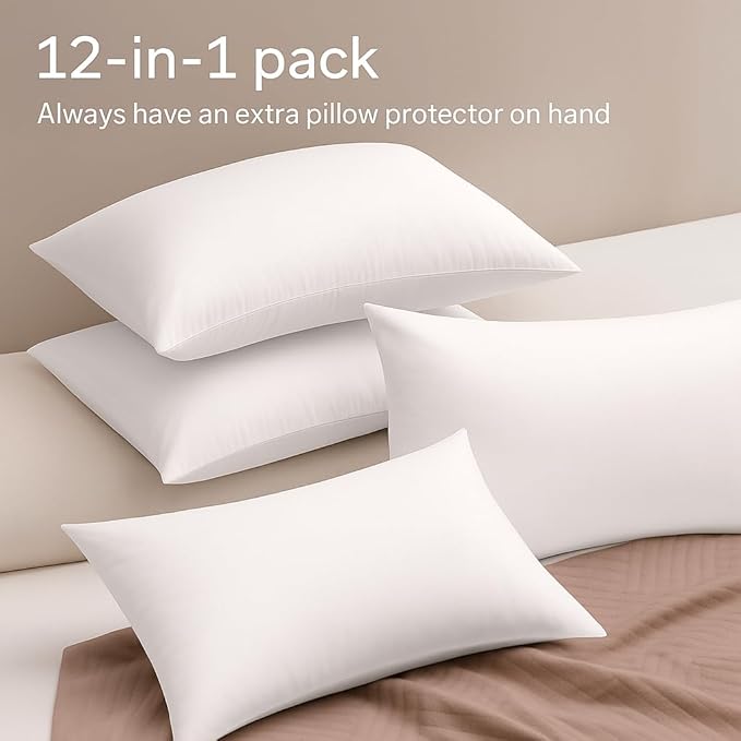 Ultra Soft Pillow Protectors with Zipper King Size - Set of 12 Breathable Pillow Covers - 100% Protection Against Stains, Dust & Dirt - Machine Washable (White)