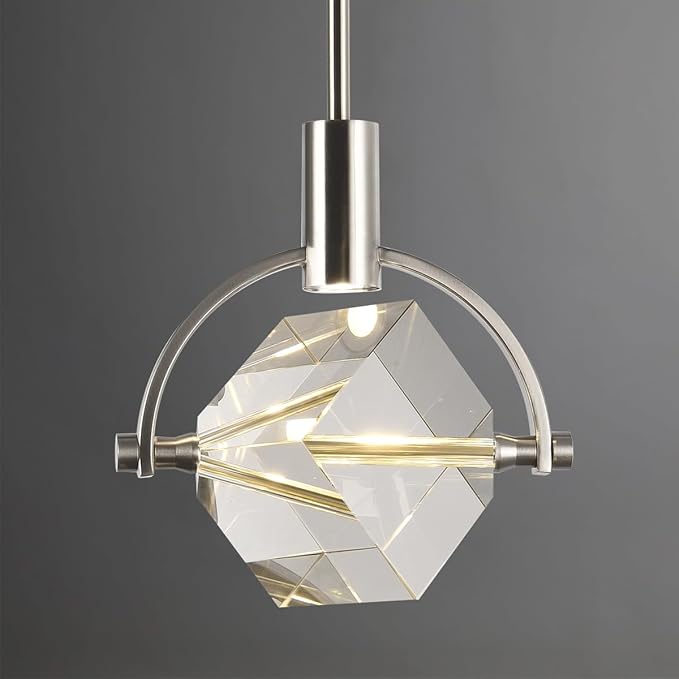 Modern Crystal Pendant Lighting, Brushed Nickel Kitchen Island Pendant Hanging Light Fixture, Cube Crystal Single Light Fixture Dimmable Chandelier for Dining Room, Vanity, Bathroom