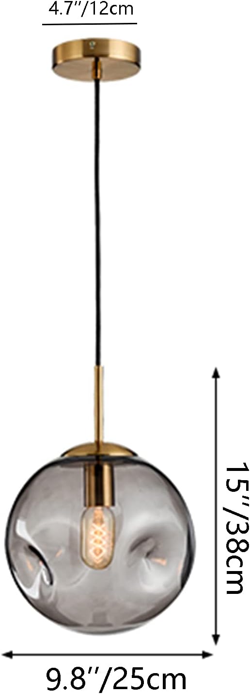 Brikey Glass Spherical Pendant Light,Gold Iron & Glass Globe Hanging Ceiling Lamp (9.8‘’, Grey)