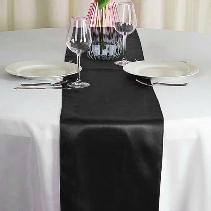 12 Pack Black Table Runners, Satin Seamless Table Runner 12x108 Inches Long, Silk and Smooth Fabric Table Runner for Wedding, Parties, Banquets, Halloween Decoration