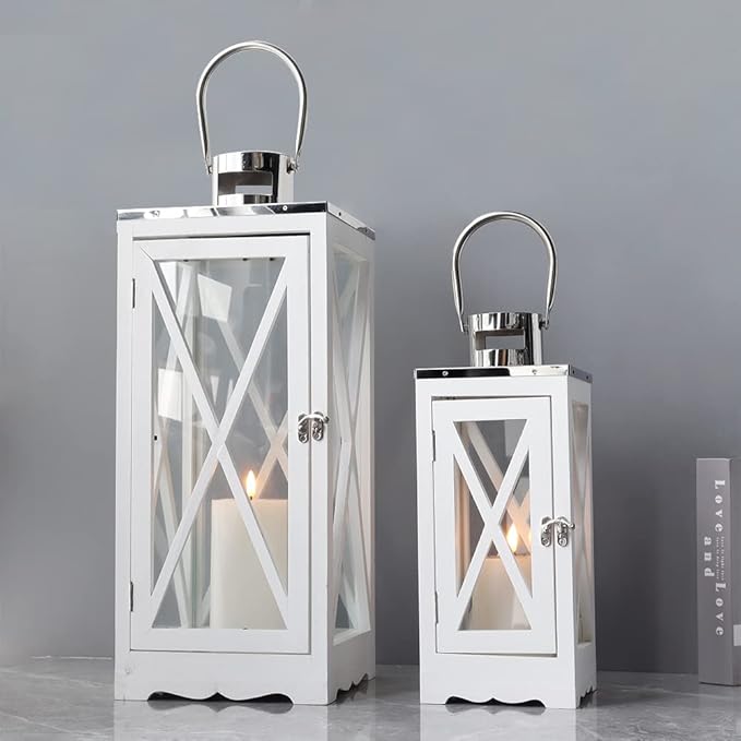 TRIROCKS Set of 2 Farmhouse Wood Candle Lantern 24.5'' &17.5'' H Decorative Candle Holders with Tempered Glass Rustic Hanging Lantern for Garden Patio Wedding Parties Indoor Outdoor(White Rectangle)