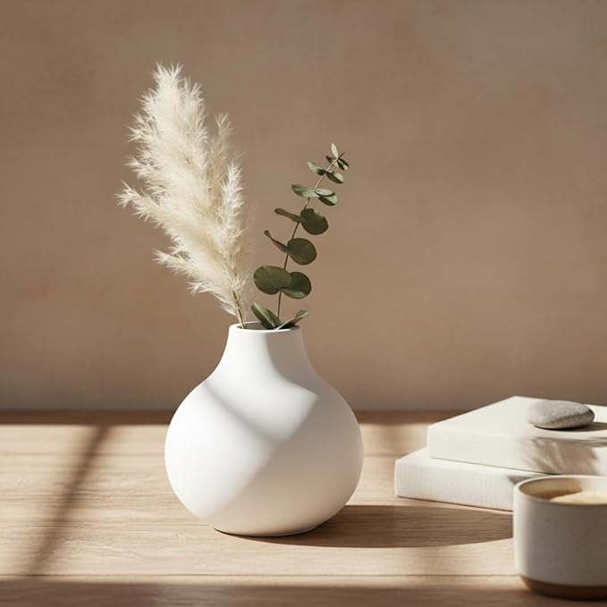 Carrot's Den White Round Vase - Minimalist Nordic, Japandi, Mid Century Modern Home Decor | Table Centerpiece, Wedding, Living Room, Bookshelf, Office, Modern Home, Entryway, Console (White)