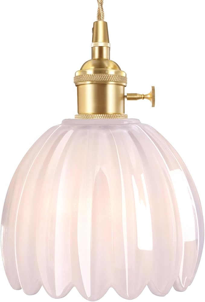 Pendant Light with White Tulip Glass Lmapshade, Brass Vintage Pendant Light Adjustable Hanging Light for Kitchen Island Dining Room Hallway