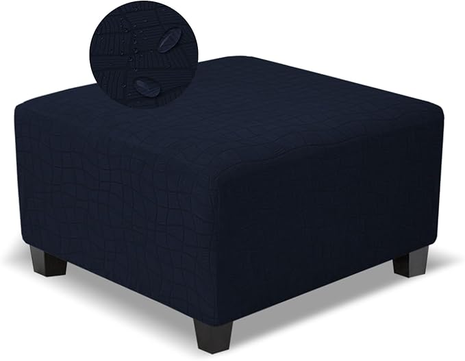 Square Ottoman Cover,Soft Stretch Jacquard Slipcover with Dual Waterproof Layers,Washable Furniture Protector for Pets,X-Large,Navy Blue