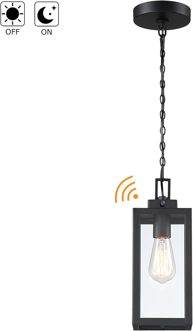 13 Inch Outdoor Pendant Light Dusk to Dawn Hanging Porch Light for Entrance Front Door Photocell Pendant Lights for Porch Dusk to Dawn Hanging Lantern Steel and Glass,E26