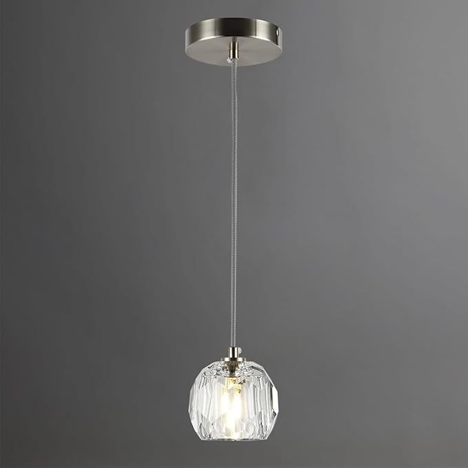 Modern Crystal Pendant Light, Brushed Nickel Single Pendant Light Fixture, Small Crystal Kitchen Island Hanging Lighting for Dining Room Bathroom