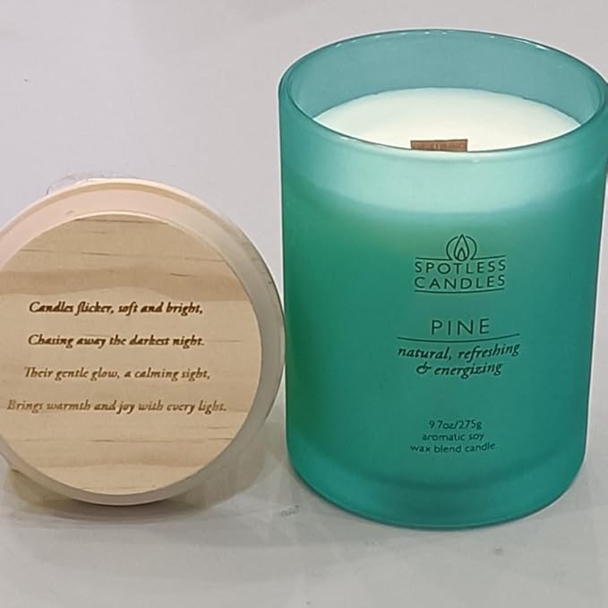 Pine Candle - 9.7 oz /275g 45-55 Hours Burn Time in Green Frosted Glass Jar with Wooden Lid and Wooden Crackling Wick in Luxurious Gift Box - Natural, Refreshing and Energising