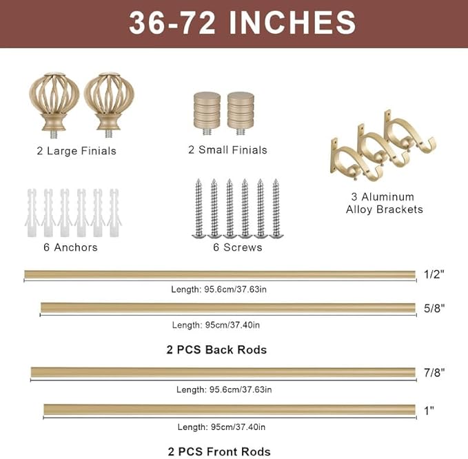 Light Gold Double Curtain Rods, 36-72 Inches, Round Finials, 1-Inch Front, 5/8-Inch Back, Telescoping
