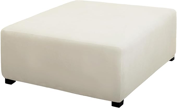 PureFit Super Stretch Form Fit Square Ottoman Cover Rectangle - Ottoman Slipcovers for Foot Stool & Folding Storage Furniture for Living Room with Nonslip Elastic Bottom (Medium-XL, Ivory)