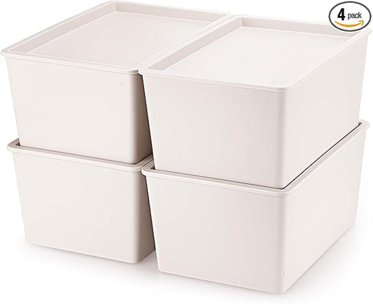 Menkxi 4 Pcs Storage Bins with Lids Plastic Stackable Containers for Organizing Shelves Christmas Ornament Box Baskets(Beige,Large)