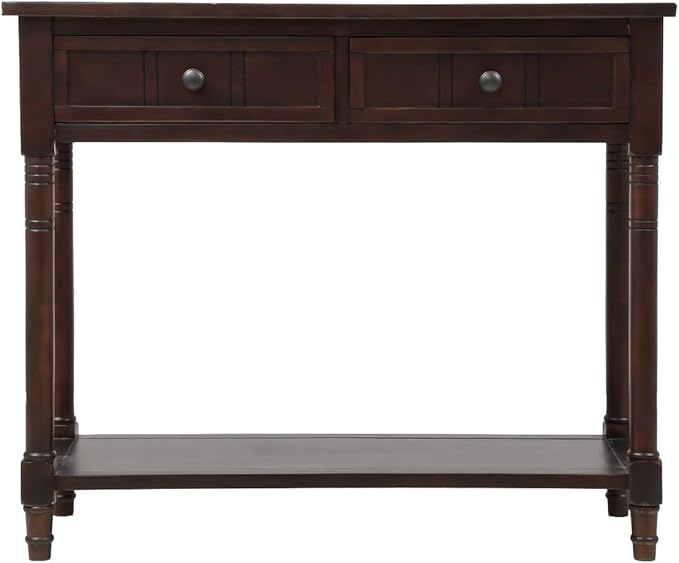 Knocbel 35.5 Inch Antique Entry Console Table with Drawers & Bottom Open Shelf, Solid Wood Sofa Couch Table for Entryway Hallway Living Room (Espresso)