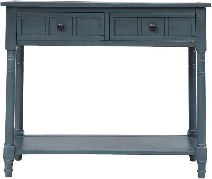 Knocbel 35.5 Inch Antique Entry Console Table with Drawers & Bottom Open Shelf, Solid Wood Sofa Couch Table for Entryway Hallway Living Room (Navy)