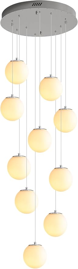 LED Staircase Chandelier Glass Globe Pendant Light Chrome Large Chandeliers for High Ceiling,10-Lights Hanging Flush Mount Lighting Fixtures for Foyer,Entryway,Living Room