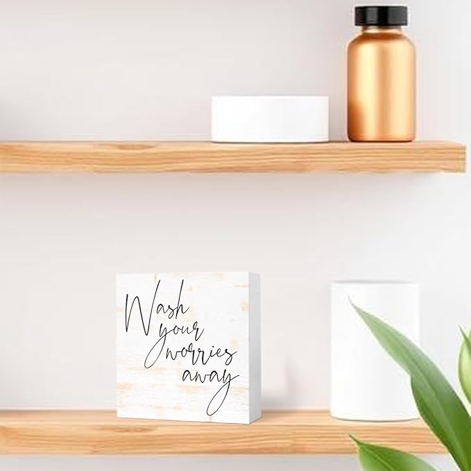 Funny Rustic Wood Sign - Wash Your Worries Away - Wood Block Sign for Shelf, Toilet, Restroom, Home, Tabletop, Desk Decor - Farmhouse Bathroom Wooden Box Sign