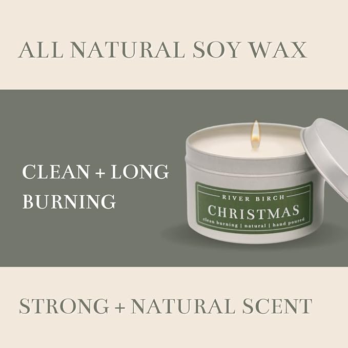 River Birch Candles Christmas Scented Candle | Premium, All-Natural, Non-Toxic, Soy Candles | 8 oz. Silver Tin Travel Candle | Cozy Relaxing Gifts for Home, White