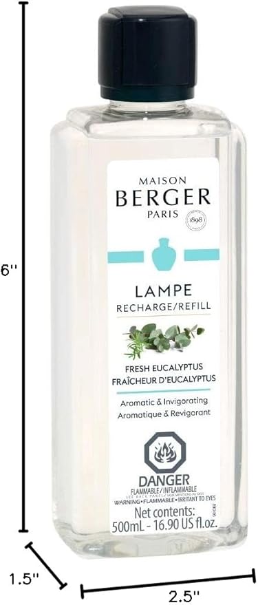 MAISON BERGER Fresh Eucalyptus Lampe Berger Refill, 500 ml (16.9 fl oz), Odor-Neutralizing Home Fragrance Oil Lamps, Citrus, Green Notes, Lavender, Eucalyptus, Made in France